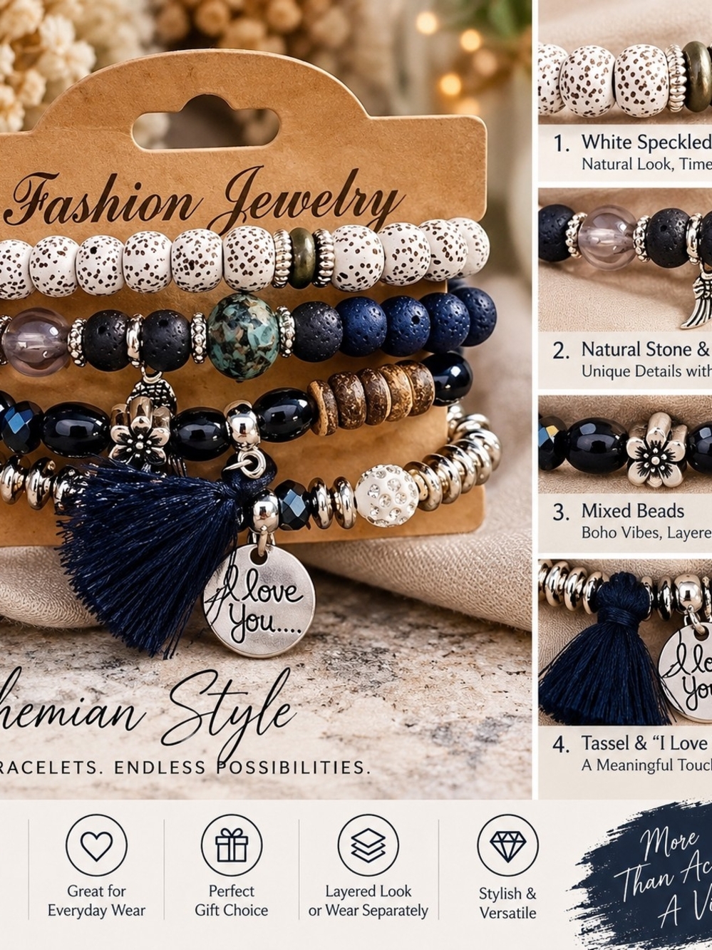 Bohemian Style Navy Blue & White Layered Bead Bracelet Set!!